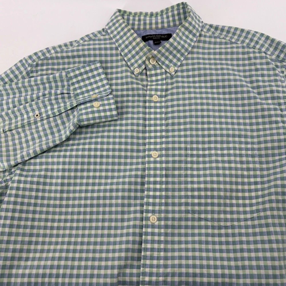 Banana Republic Slim Fit Gingham Button Down Shirt Mens XL Green White Blue